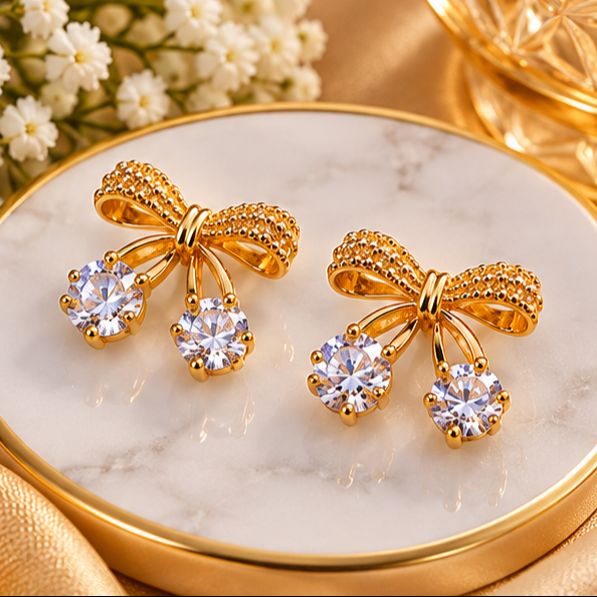 Elegant Gold Bow Crystal Drop Earrings