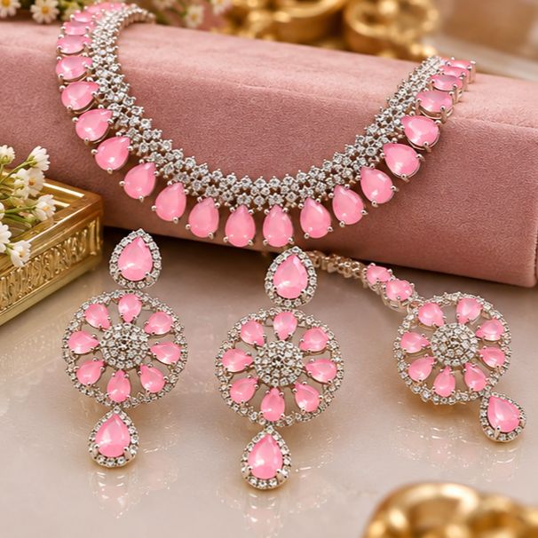 Zarkan Elegant Bridal Crystal Pink Jewelry Set