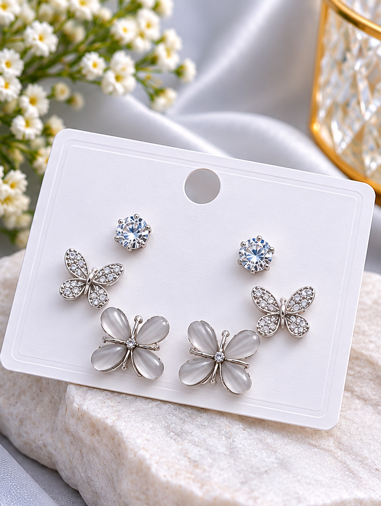 Elegant Silver Floral Crystal Earring Set