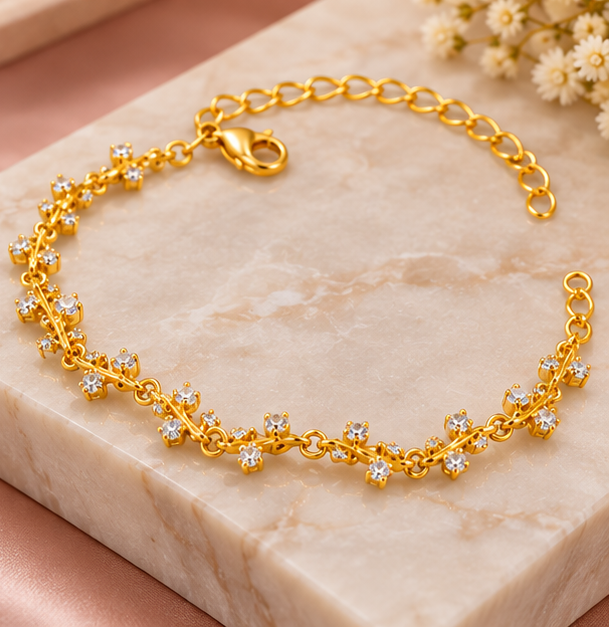 Golden Crystal Vine Bracelet for Women – Elegant Floral Link Chain with Sparkling Stones, Adjustable Stainless Steel Fashion Jewellery