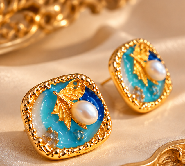 Elegant Turquoise & Gold Pearl Stud Earrings