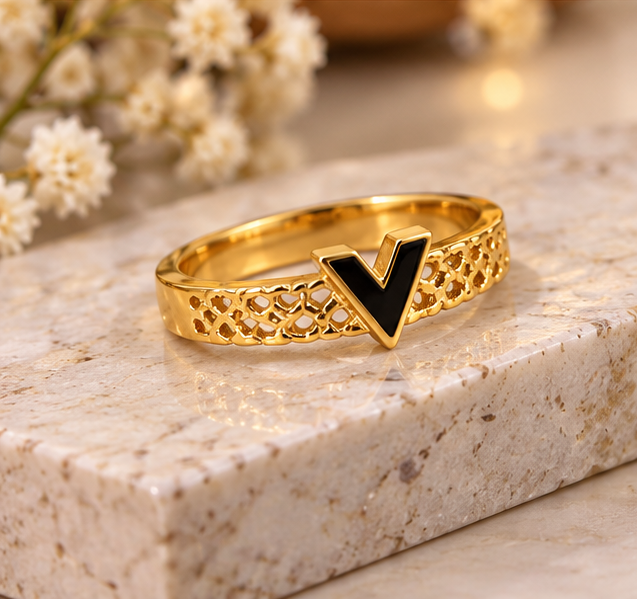 V-Design Stainless Steel Ring With Golden Color