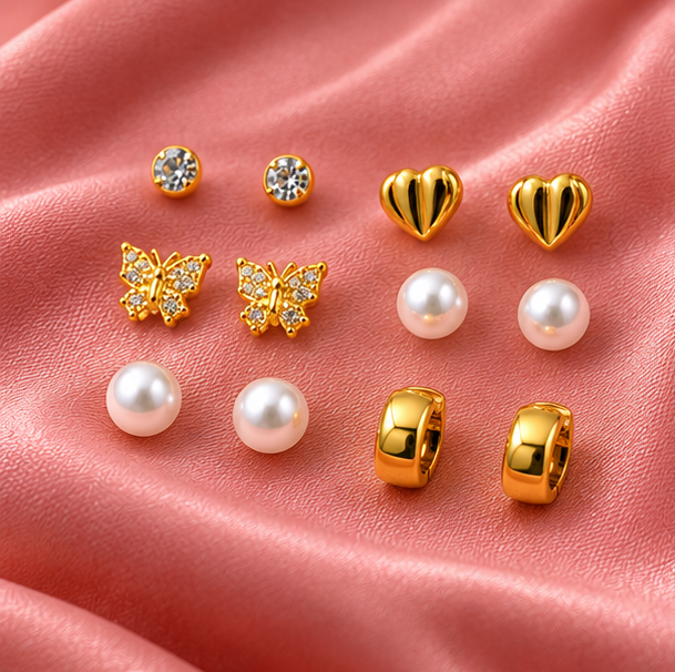 Gold Stud Earrings Set for Women – Vintage Heart, Butterfly, Pearl & Crystal Designs