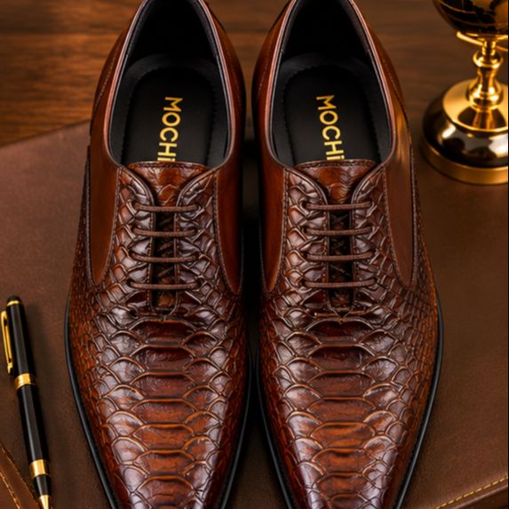 MOCHI Shoes For  Men’s Genuine Leather Brown Formal Shoes – Premium Crocodile-Texture Lace-Up Oxford Shoes