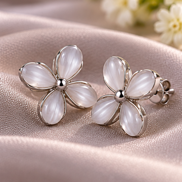 Elegant Silver Floral Crystal Earring Set