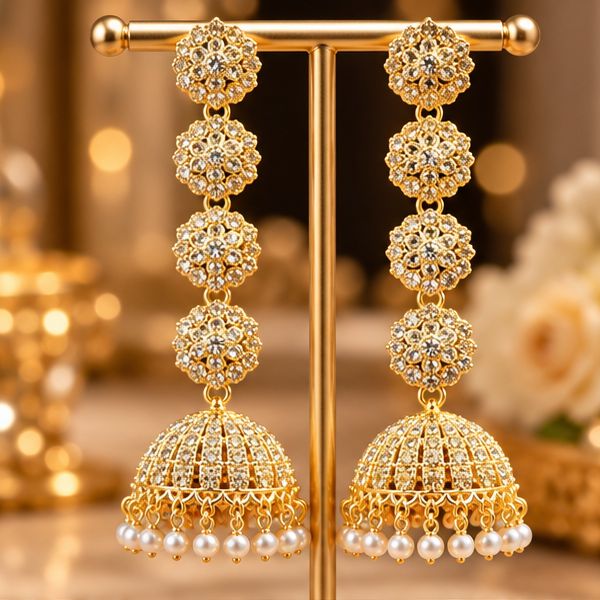 Earrings for Women Golden Bridal With Silver Crystal Pearl Jhumka