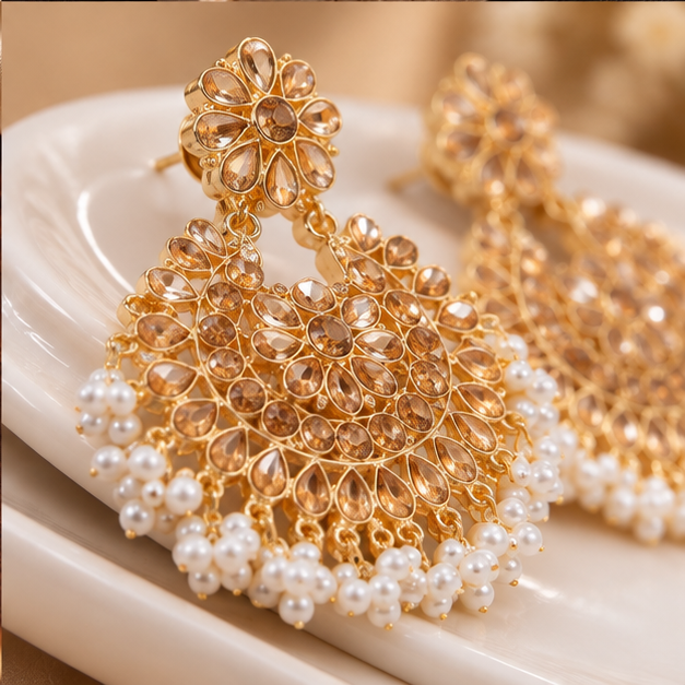 Earrings for woman Elegant Golden Crystal Chandbali with Pearl Fringe
