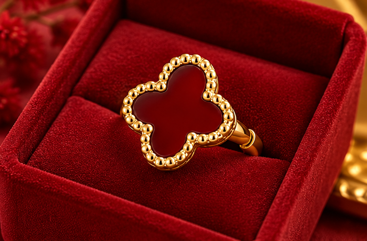 Four Leaf Red Cover Earring Set For Women Gold Plated Stainless Steel 4 Leaf Ear Jewelry