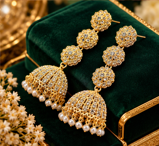 Earrings for Women Golden Bridal With Silver Crystal Pearl Jhumka