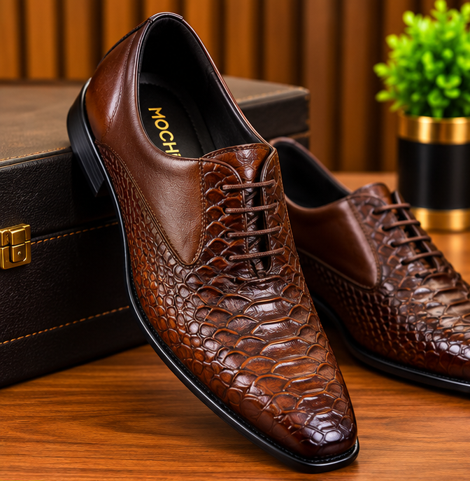 MOCHI Shoes For  Men’s Genuine Leather Brown Formal Shoes – Premium Crocodile-Texture Lace-Up Oxford Shoes