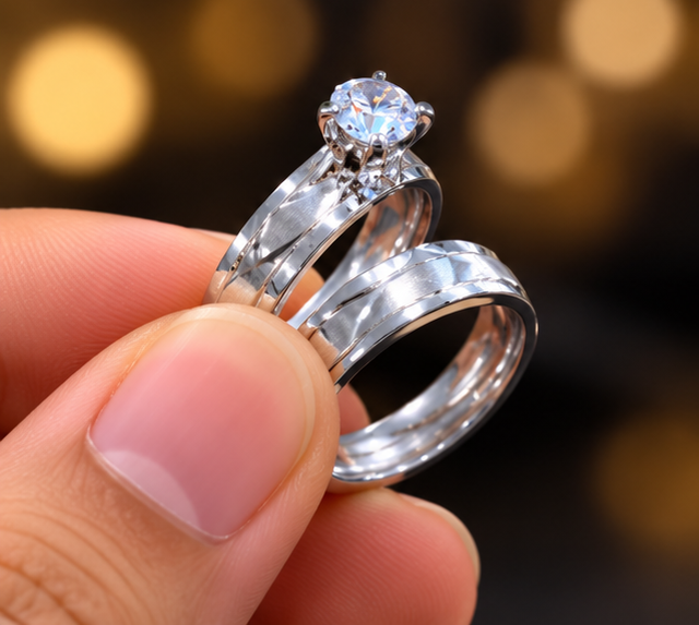 Couple Rings Set  Elegant Silver – Sparkling Solitaire Matching Band for Him and Her