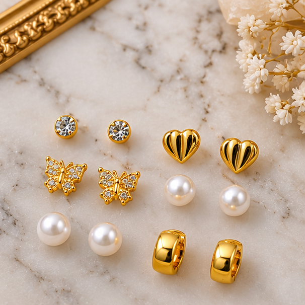 Gold Stud Earrings Set for Women – Vintage Heart, Butterfly, Pearl & Crystal Designs