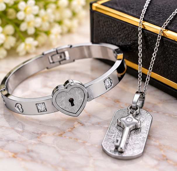 Stainless Steel Heart Lock Bracelet & Key Pendant Necklace Set