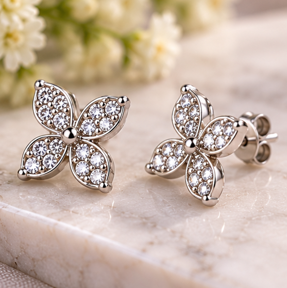 Elegant Silver Floral Crystal Earring Set