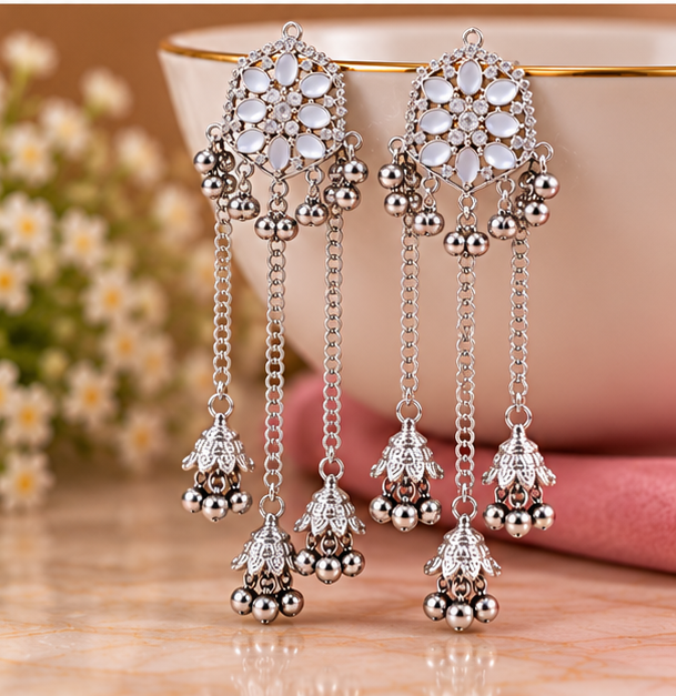 Kashmiri Silver Traditional Long Chandelier Earrings