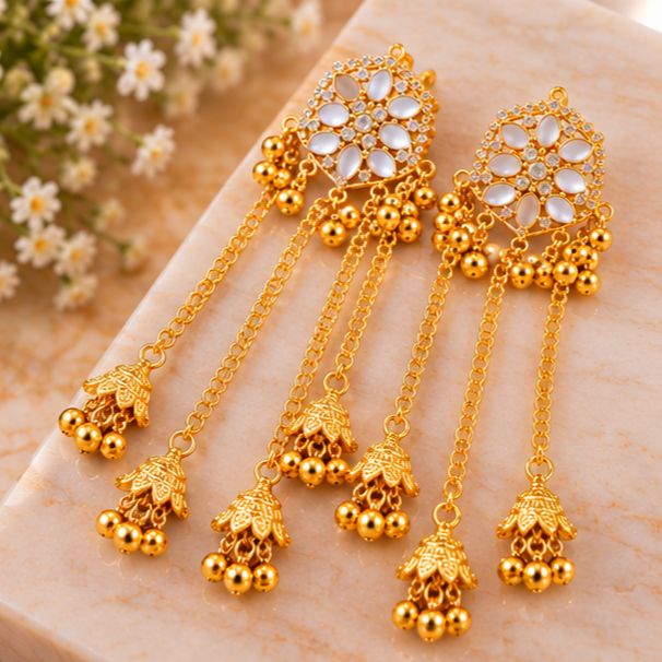 Kashmiri Golden Traditional Long Chandelier Earrings