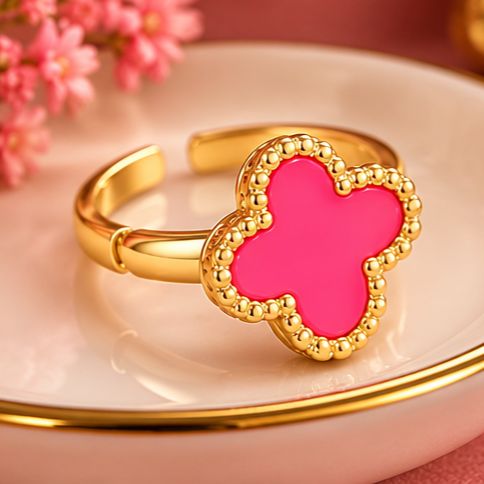 Four Leaf Pink Cover Earring Set For Women Gold Plated Stainless Steel 4 Leaf Ear Jewelry