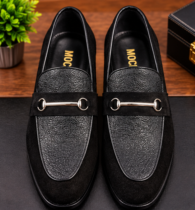 MOCHI Shoes For Men’s Genuine Leather Black Fornal Shoes– Premium Textured Formal Shoes with Silver Horsebit Buckle