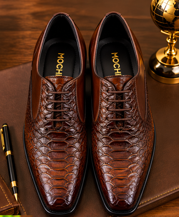 MOCHI Shoes For  Men’s Genuine Leather Brown Formal Shoes – Premium Crocodile-Texture Lace-Up Oxford Shoes