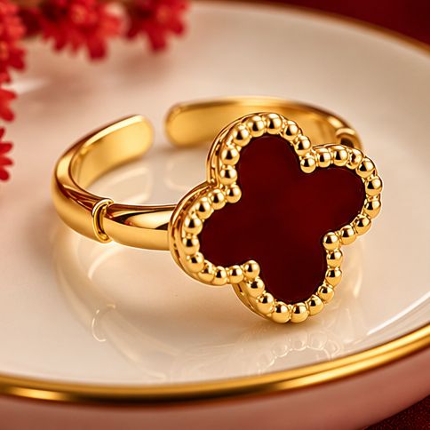 Four Leaf Red Cover Earring Set For Women Gold Plated Stainless Steel 4 Leaf Ear Jewelry