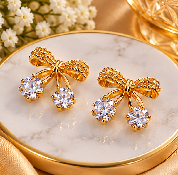 Elegant Gold Bow Crystal Drop Earrings