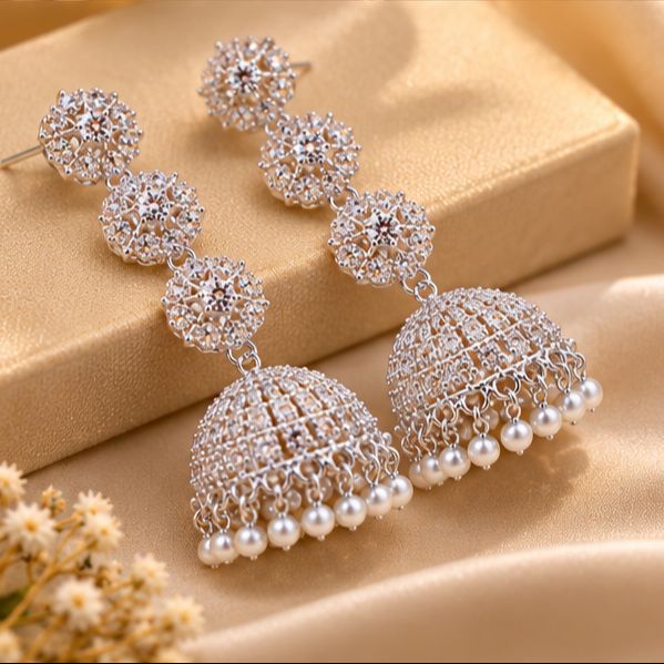 Jhumka Earrings Bridal Silver Crystal Pearl– Elegant Traditional Wedding Jewellery for Women
