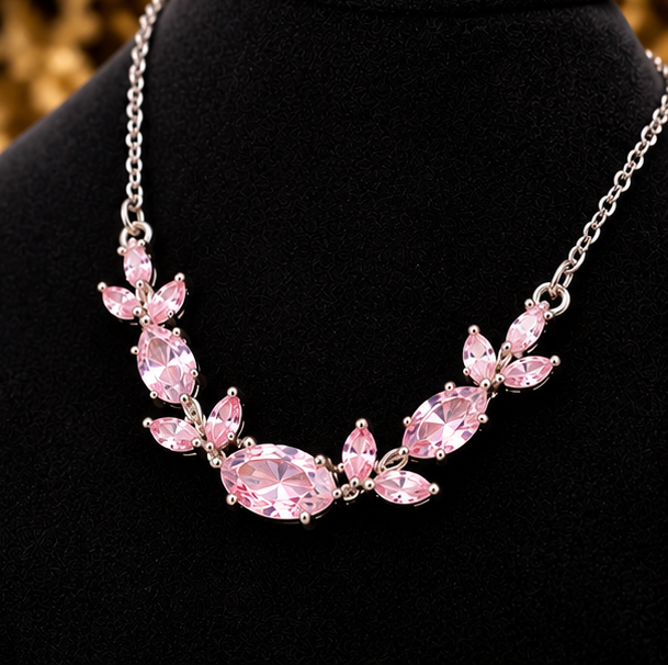 Necklace for Women Pink Tulip – Elegant Floral Design with Sparkling Pink Stones, Silver-Tone Chain