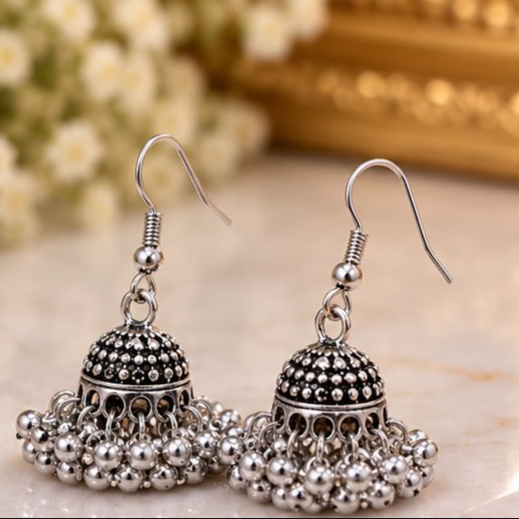 Elegant Mini Oxidized Silver Jhumki Earrings – Traditional Beaded Dome Drop Earrings for Women