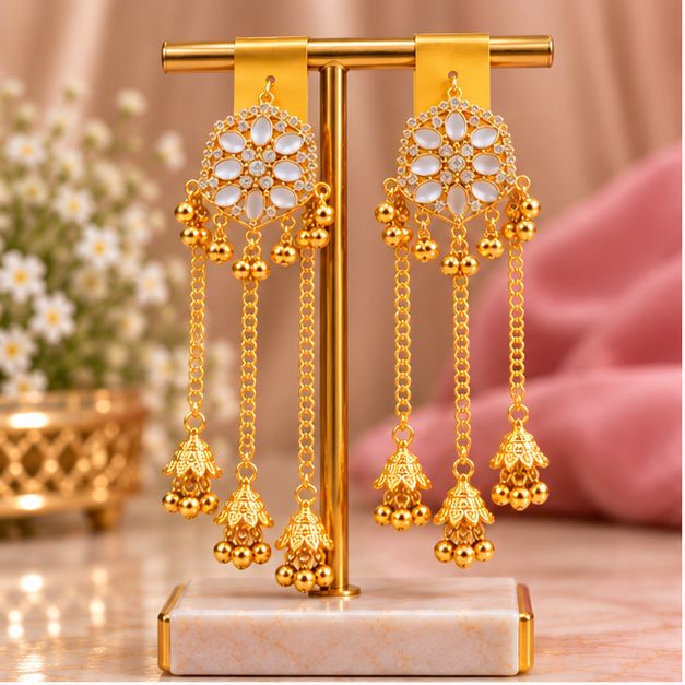 Kashmiri Golden Traditional Long Chandelier Earrings