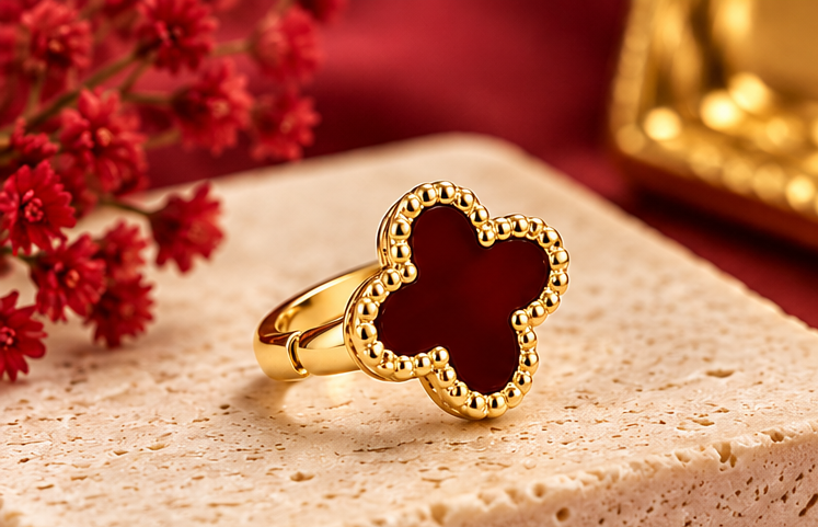Four Leaf Red Cover Earring Set For Women Gold Plated Stainless Steel 4 Leaf Ear Jewelry