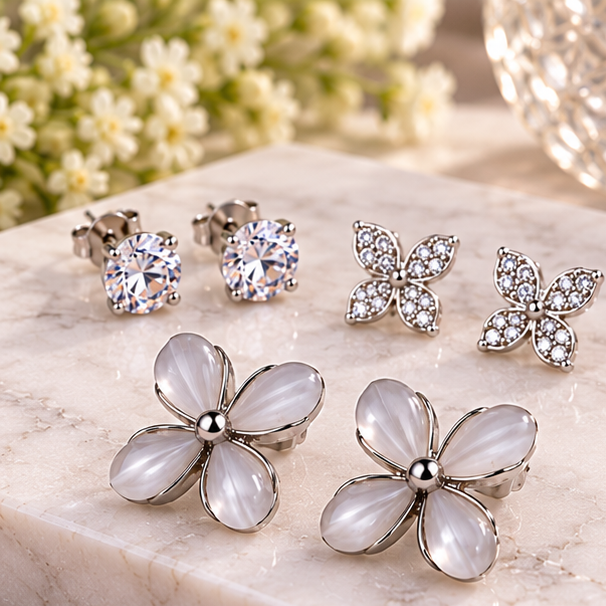 Elegant Silver Floral Crystal Earring Set