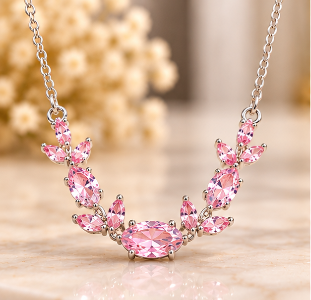 Necklace for Women Pink Tulip – Elegant Floral Design with Sparkling Pink Stones, Silver-Tone Chain