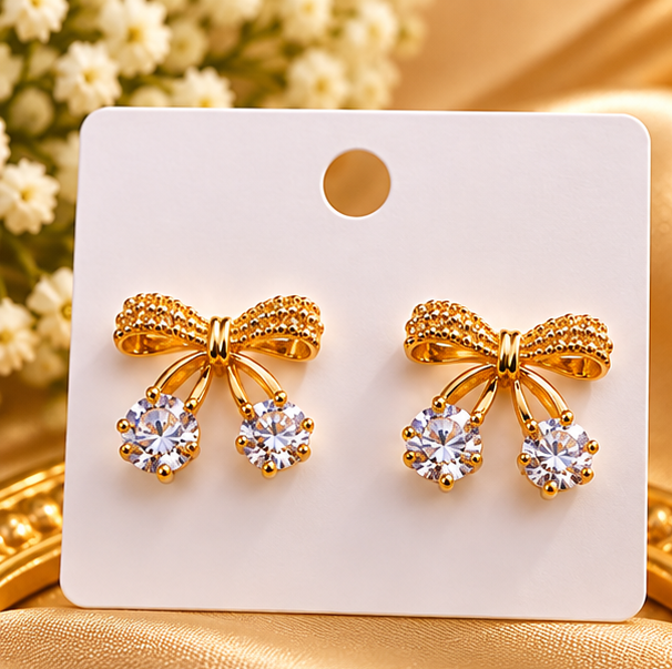 Elegant Gold Bow Crystal Drop Earrings