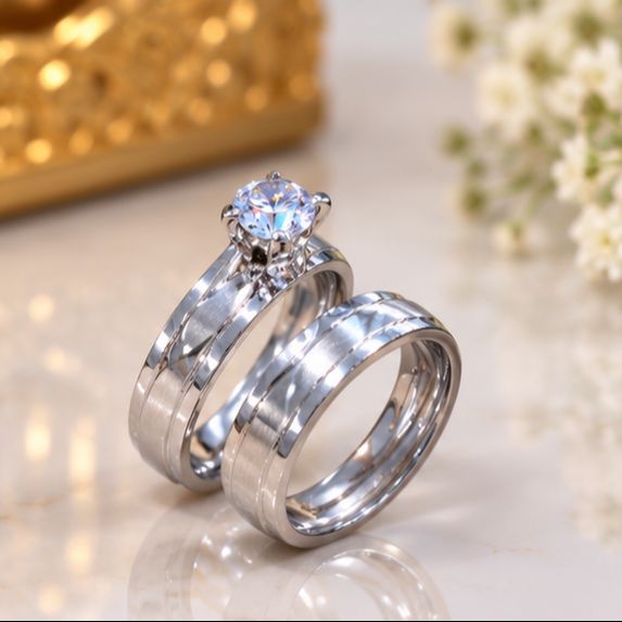 Couple Rings Set  Elegant Silver – Sparkling Solitaire Matching Band for Him and Her