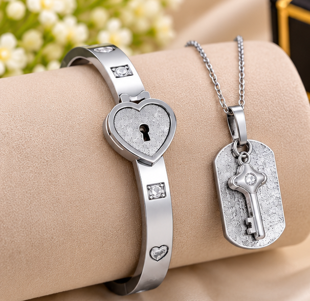 Stainless Steel Heart Lock Bracelet & Key Pendant Necklace Set