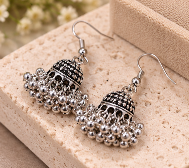 Elegant Mini Oxidized Silver Jhumki Earrings – Traditional Beaded Dome Drop Earrings for Women