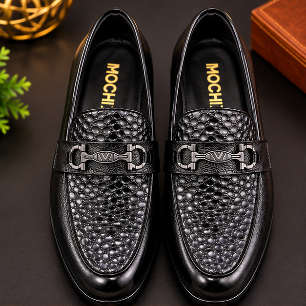 MOCHI Premium Shoes For Men Leather Black Textured Slip-On Shoes with Metal Buckle