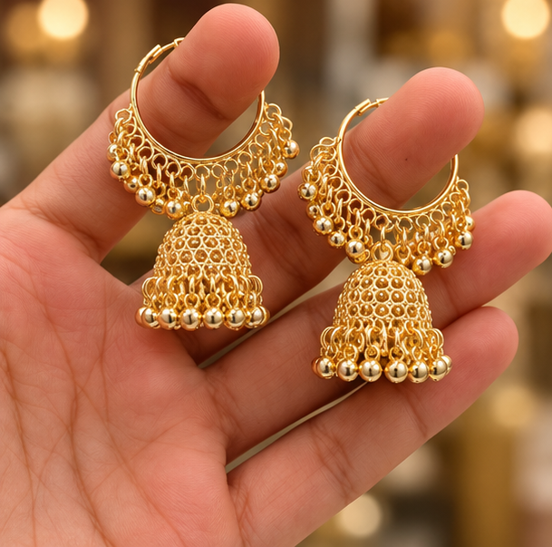 Golden Earrings for woman Elegant vintage style jhumka hoop with hanging beads for Women