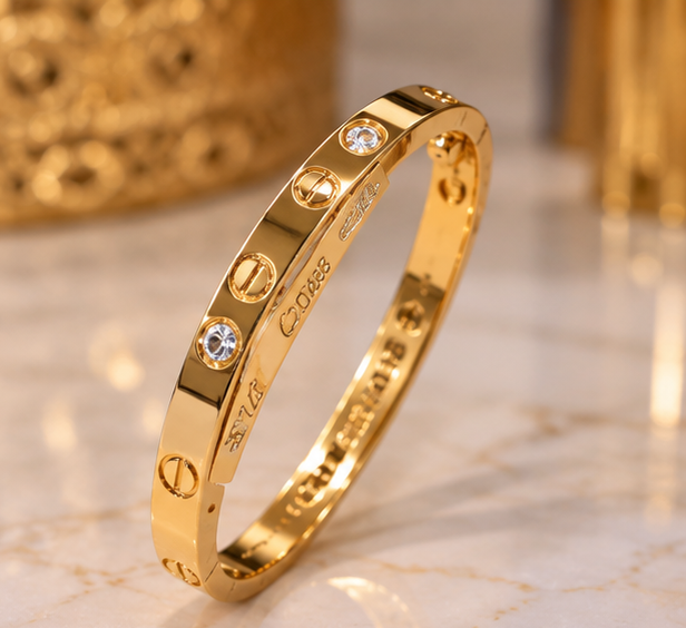Bangle Bracelet Luxury Gold Screw Design – Elegant Crystal Studded Cartier-Style Hand Cuff for Women