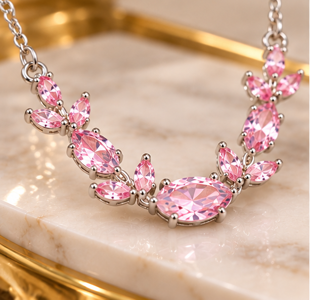 Necklace for Women Pink Tulip – Elegant Floral Design with Sparkling Pink Stones, Silver-Tone Chain