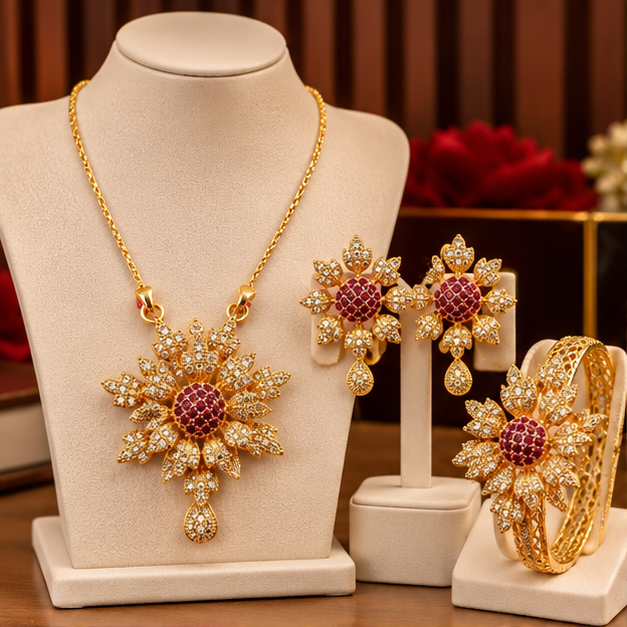 Jewelry Set for Women-Flowers Combo set Chain Locket Earring With Kara And Ring