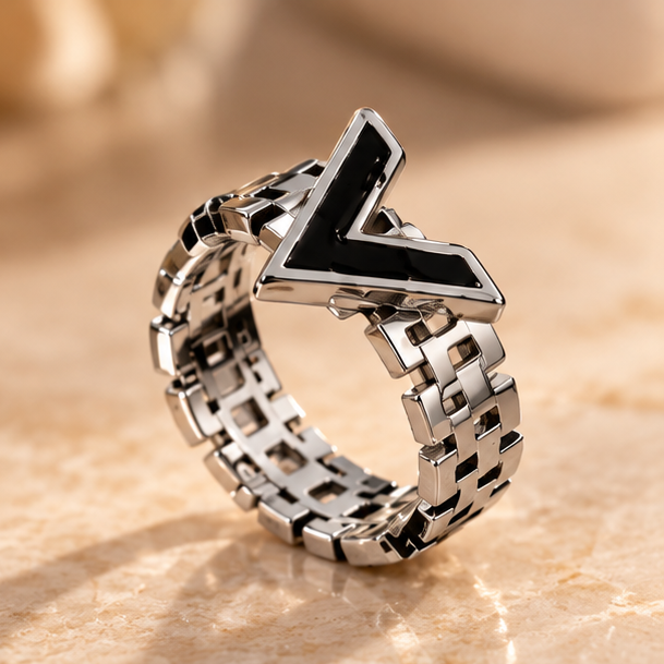 Black V Design  Ring  Silver Stainless Steel–  Fashion Ring, Elegant Party Wear Jewelry