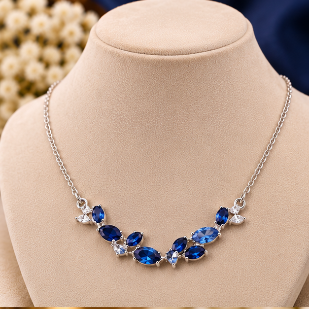 Necklace for Women Stainless Steel Blue Tulip – Elegant Floral Design with Sparkling Blue Stones, Silver-Tone Chain