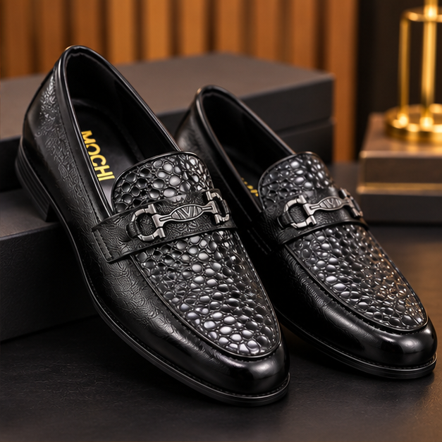 MOCHI Premium Shoes For Men Leather Black Textured Slip-On Shoes with Metal Buckle