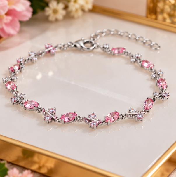 Elegant Pink Crystal Vine Bracelet for Women – Silver-Tone Floral Link Chain with Sparkling