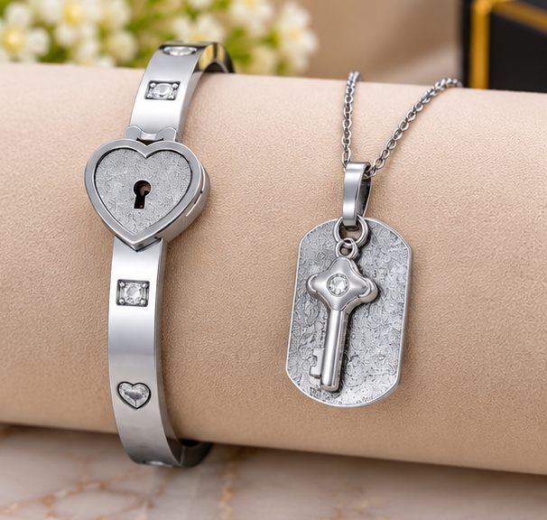 Stainless Steel Heart Lock Bracelet & Key Pendant Necklace Set