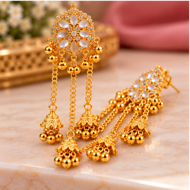 Kashmiri Golden Traditional Long Chandelier Earrings