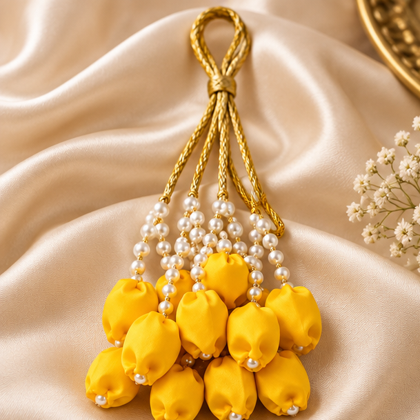 Yellow Tulip Paranda with Golden Braided Cords & Pearl Bead Tassels – Traditional Bridal Hair Accessory