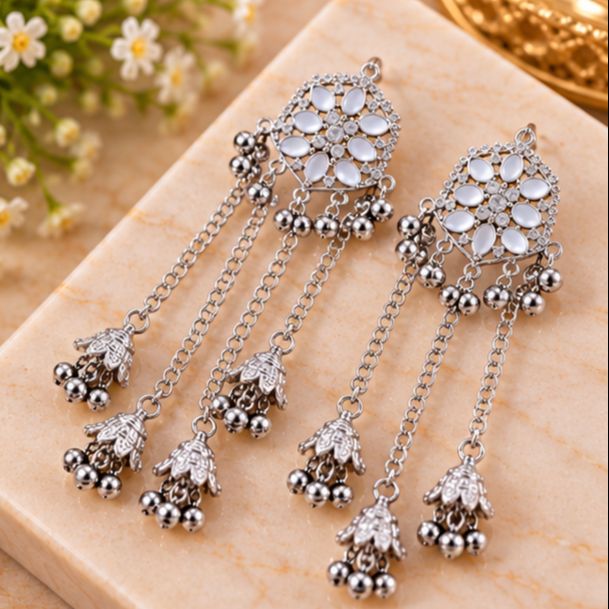 Kashmiri Silver Traditional Long Chandelier Earrings