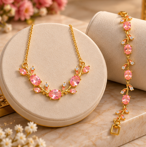 Elegant Pink Tulip Bracelet & Necklace Set